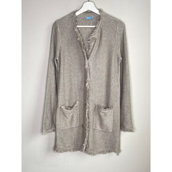 J.McLaughlin Parisse Fringed Button Up Textured Cardigan Sweater Oatmeal Women S - Picture 2 of 10